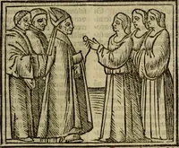 An illustration from Decretu[m] Gratiani : cu glossis dñi Joannis Theutonici prepositi Alberstatensis [et] annotationibus Bartholomei Brixiensis : [cum] diuisionibus Archidiaconi : [cum] Casibus a Bene., cõpositis per Bart. Brixi., correctis [et] pro clariore itellectu pluribus in locis extensis : [cum] concordia ad Bibliam : [cum] tabula marginalium glossularu[m] : [cum tabula] omniu canonu [et] concilio[rum] : [cum] Margarita Decreti : [cum] flosculis totius Decretia domio Joanne diacono compositis : [cum] additione in margine litteraru[m], quo minusculi characteres lineis intercepti, citius legenti appareant (1514)