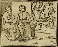 An illustration from Decretu[m] Gratiani : cu glossis dñi Joannis Theutonici prepositi Alberstatensis [et] annotationibus Bartholomei Brixiensis : [cum] diuisionibus Archidiaconi : [cum] Casibus a Bene., cõpositis per Bart. Brixi., correctis [et] pro clariore itellectu pluribus in locis extensis : [cum] concordia ad Bibliam : [cum] tabula marginalium glossularu[m] : [cum tabula] omniu canonu [et] concilio[rum] : [cum] Margarita Decreti : [cum] flosculis totius Decretia domio Joanne diacono compositis : [cum] additione in margine litteraru[m], quo minusculi characteres lineis intercepti, citius legenti appareant (1514)