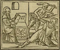 An illustration from Decretu[m] Gratiani : cu glossis dñi Joannis Theutonici prepositi Alberstatensis [et] annotationibus Bartholomei Brixiensis : [cum] diuisionibus Archidiaconi : [cum] Casibus a Bene., cõpositis per Bart. Brixi., correctis [et] pro clariore itellectu pluribus in locis extensis : [cum] concordia ad Bibliam : [cum] tabula marginalium glossularu[m] : [cum tabula] omniu canonu [et] concilio[rum] : [cum] Margarita Decreti : [cum] flosculis totius Decretia domio Joanne diacono compositis : [cum] additione in margine litteraru[m], quo minusculi characteres lineis intercepti, citius legenti appareant (1514)