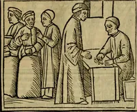 An illustration from Decretu[m] Gratiani : cu glossis dñi Joannis Theutonici prepositi Alberstatensis [et] annotationibus Bartholomei Brixiensis : [cum] diuisionibus Archidiaconi : [cum] Casibus a Bene., cõpositis per Bart. Brixi., correctis [et] pro clariore itellectu pluribus in locis extensis : [cum] concordia ad Bibliam : [cum] tabula marginalium glossularu[m] : [cum tabula] omniu canonu [et] concilio[rum] : [cum] Margarita Decreti : [cum] flosculis totius Decretia domio Joanne diacono compositis : [cum] additione in margine litteraru[m], quo minusculi characteres lineis intercepti, citius legenti appareant (1514)