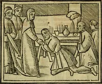 An illustration from Decretu[m] Gratiani : cu glossis dñi Joannis Theutonici prepositi Alberstatensis [et] annotationibus Bartholomei Brixiensis : [cum] diuisionibus Archidiaconi : [cum] Casibus a Bene., cõpositis per Bart. Brixi., correctis [et] pro clariore itellectu pluribus in locis extensis : [cum] concordia ad Bibliam : [cum] tabula marginalium glossularu[m] : [cum tabula] omniu canonu [et] concilio[rum] : [cum] Margarita Decreti : [cum] flosculis totius Decretia domio Joanne diacono compositis : [cum] additione in margine litteraru[m], quo minusculi characteres lineis intercepti, citius legenti appareant (1514)