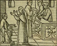 An illustration from Decretu[m] Gratiani : cu glossis dñi Joannis Theutonici prepositi Alberstatensis [et] annotationibus Bartholomei Brixiensis : [cum] diuisionibus Archidiaconi : [cum] Casibus a Bene., cõpositis per Bart. Brixi., correctis [et] pro clariore itellectu pluribus in locis extensis : [cum] concordia ad Bibliam : [cum] tabula marginalium glossularu[m] : [cum tabula] omniu canonu [et] concilio[rum] : [cum] Margarita Decreti : [cum] flosculis totius Decretia domio Joanne diacono compositis : [cum] additione in margine litteraru[m], quo minusculi characteres lineis intercepti, citius legenti appareant (1514)