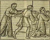 An illustration from Decretu[m] Gratiani : cu glossis dñi Joannis Theutonici prepositi Alberstatensis [et] annotationibus Bartholomei Brixiensis : [cum] diuisionibus Archidiaconi : [cum] Casibus a Bene., cõpositis per Bart. Brixi., correctis [et] pro clariore itellectu pluribus in locis extensis : [cum] concordia ad Bibliam : [cum] tabula marginalium glossularu[m] : [cum tabula] omniu canonu [et] concilio[rum] : [cum] Margarita Decreti : [cum] flosculis totius Decretia domio Joanne diacono compositis : [cum] additione in margine litteraru[m], quo minusculi characteres lineis intercepti, citius legenti appareant (1514)