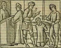 An illustration from Decretu[m] Gratiani : cu glossis dñi Joannis Theutonici prepositi Alberstatensis [et] annotationibus Bartholomei Brixiensis : [cum] diuisionibus Archidiaconi : [cum] Casibus a Bene., cõpositis per Bart. Brixi., correctis [et] pro clariore itellectu pluribus in locis extensis : [cum] concordia ad Bibliam : [cum] tabula marginalium glossularu[m] : [cum tabula] omniu canonu [et] concilio[rum] : [cum] Margarita Decreti : [cum] flosculis totius Decretia domio Joanne diacono compositis : [cum] additione in margine litteraru[m], quo minusculi characteres lineis intercepti, citius legenti appareant (1514)