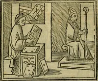 An illustration from Decretu[m] Gratiani : cu glossis dñi Joannis Theutonici prepositi Alberstatensis [et] annotationibus Bartholomei Brixiensis : [cum] diuisionibus Archidiaconi : [cum] Casibus a Bene., cõpositis per Bart. Brixi., correctis [et] pro clariore itellectu pluribus in locis extensis : [cum] concordia ad Bibliam : [cum] tabula marginalium glossularu[m] : [cum tabula] omniu canonu [et] concilio[rum] : [cum] Margarita Decreti : [cum] flosculis totius Decretia domio Joanne diacono compositis : [cum] additione in margine litteraru[m], quo minusculi characteres lineis intercepti, citius legenti appareant (1514)
