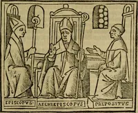 An illustration from Decretu[m] Gratiani : cu glossis dñi Joannis Theutonici prepositi Alberstatensis [et] annotationibus Bartholomei Brixiensis : [cum] diuisionibus Archidiaconi : [cum] Casibus a Bene., cõpositis per Bart. Brixi., correctis [et] pro clariore itellectu pluribus in locis extensis : [cum] concordia ad Bibliam : [cum] tabula marginalium glossularu[m] : [cum tabula] omniu canonu [et] concilio[rum] : [cum] Margarita Decreti : [cum] flosculis totius Decretia domio Joanne diacono compositis : [cum] additione in margine litteraru[m], quo minusculi characteres lineis intercepti, citius legenti appareant (1514)