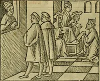 An illustration from Decretu[m] Gratiani : cu glossis dñi Joannis Theutonici prepositi Alberstatensis [et] annotationibus Bartholomei Brixiensis : [cum] diuisionibus Archidiaconi : [cum] Casibus a Bene., cõpositis per Bart. Brixi., correctis [et] pro clariore itellectu pluribus in locis extensis : [cum] concordia ad Bibliam : [cum] tabula marginalium glossularu[m] : [cum tabula] omniu canonu [et] concilio[rum] : [cum] Margarita Decreti : [cum] flosculis totius Decretia domio Joanne diacono compositis : [cum] additione in margine litteraru[m], quo minusculi characteres lineis intercepti, citius legenti appareant (1514)