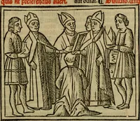 An illustration from Decretu[m] Gratiani : cu glossis dñi Joannis Theutonici prepositi Alberstatensis [et] annotationibus Bartholomei Brixiensis : [cum] diuisionibus Archidiaconi : [cum] Casibus a Bene., cõpositis per Bart. Brixi., correctis [et] pro clariore itellectu pluribus in locis extensis : [cum] concordia ad Bibliam : [cum] tabula marginalium glossularu[m] : [cum tabula] omniu canonu [et] concilio[rum] : [cum] Margarita Decreti : [cum] flosculis totius Decretia domio Joanne diacono compositis : [cum] additione in margine litteraru[m], quo minusculi characteres lineis intercepti, citius legenti appareant (1514)