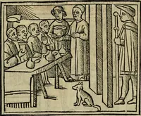 An illustration from Decretu[m] Gratiani : cu glossis dñi Joannis Theutonici prepositi Alberstatensis [et] annotationibus Bartholomei Brixiensis : [cum] diuisionibus Archidiaconi : [cum] Casibus a Bene., cõpositis per Bart. Brixi., correctis [et] pro clariore itellectu pluribus in locis extensis : [cum] concordia ad Bibliam : [cum] tabula marginalium glossularu[m] : [cum tabula] omniu canonu [et] concilio[rum] : [cum] Margarita Decreti : [cum] flosculis totius Decretia domio Joanne diacono compositis : [cum] additione in margine litteraru[m], quo minusculi characteres lineis intercepti, citius legenti appareant (1514)