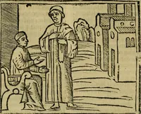 An illustration from Decretu[m] Gratiani : cu glossis dñi Joannis Theutonici prepositi Alberstatensis [et] annotationibus Bartholomei Brixiensis : [cum] diuisionibus Archidiaconi : [cum] Casibus a Bene., cõpositis per Bart. Brixi., correctis [et] pro clariore itellectu pluribus in locis extensis : [cum] concordia ad Bibliam : [cum] tabula marginalium glossularu[m] : [cum tabula] omniu canonu [et] concilio[rum] : [cum] Margarita Decreti : [cum] flosculis totius Decretia domio Joanne diacono compositis : [cum] additione in margine litteraru[m], quo minusculi characteres lineis intercepti, citius legenti appareant (1514)