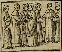 An illustration from Decretu[m] Gratiani : cu glossis dñi Joannis Theutonici prepositi Alberstatensis [et] annotationibus Bartholomei Brixiensis : [cum] diuisionibus Archidiaconi : [cum] Casibus a Bene., cõpositis per Bart. Brixi., correctis [et] pro clariore itellectu pluribus in locis extensis : [cum] concordia ad Bibliam : [cum] tabula marginalium glossularu[m] : [cum tabula] omniu canonu [et] concilio[rum] : [cum] Margarita Decreti : [cum] flosculis totius Decretia domio Joanne diacono compositis : [cum] additione in margine litteraru[m], quo minusculi characteres lineis intercepti, citius legenti appareant (1514)