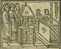 An illustration from Decretu[m] Gratiani : cu glossis dñi Joannis Theutonici prepositi Alberstatensis [et] annotationibus Bartholomei Brixiensis : [cum] diuisionibus Archidiaconi : [cum] Casibus a Bene., cõpositis per Bart. Brixi., correctis [et] pro clariore itellectu pluribus in locis extensis : [cum] concordia ad Bibliam : [cum] tabula marginalium glossularu[m] : [cum tabula] omniu canonu [et] concilio[rum] : [cum] Margarita Decreti : [cum] flosculis totius Decretia domio Joanne diacono compositis : [cum] additione in margine litteraru[m], quo minusculi characteres lineis intercepti, citius legenti appareant (1514)