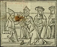 An illustration from Decretu[m] Gratiani : cu glossis dñi Joannis Theutonici prepositi Alberstatensis [et] annotationibus Bartholomei Brixiensis : [cum] diuisionibus Archidiaconi : [cum] Casibus a Bene., cõpositis per Bart. Brixi., correctis [et] pro clariore itellectu pluribus in locis extensis : [cum] concordia ad Bibliam : [cum] tabula marginalium glossularu[m] : [cum tabula] omniu canonu [et] concilio[rum] : [cum] Margarita Decreti : [cum] flosculis totius Decretia domio Joanne diacono compositis : [cum] additione in margine litteraru[m], quo minusculi characteres lineis intercepti, citius legenti appareant (1514)