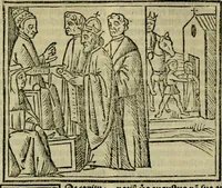 An illustration from Decretu[m] Gratiani : cu glossis dñi Joannis Theutonici prepositi Alberstatensis [et] annotationibus Bartholomei Brixiensis : [cum] diuisionibus Archidiaconi : [cum] Casibus a Bene., cõpositis per Bart. Brixi., correctis [et] pro clariore itellectu pluribus in locis extensis : [cum] concordia ad Bibliam : [cum] tabula marginalium glossularu[m] : [cum tabula] omniu canonu [et] concilio[rum] : [cum] Margarita Decreti : [cum] flosculis totius Decretia domio Joanne diacono compositis : [cum] additione in margine litteraru[m], quo minusculi characteres lineis intercepti, citius legenti appareant (1514)