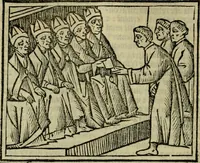 An illustration from Decretu[m] Gratiani : cu glossis dñi Joannis Theutonici prepositi Alberstatensis [et] annotationibus Bartholomei Brixiensis : [cum] diuisionibus Archidiaconi : [cum] Casibus a Bene., cõpositis per Bart. Brixi., correctis [et] pro clariore itellectu pluribus in locis extensis : [cum] concordia ad Bibliam : [cum] tabula marginalium glossularu[m] : [cum tabula] omniu canonu [et] concilio[rum] : [cum] Margarita Decreti : [cum] flosculis totius Decretia domio Joanne diacono compositis : [cum] additione in margine litteraru[m], quo minusculi characteres lineis intercepti, citius legenti appareant (1514)
