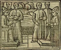 An illustration from Decretu[m] Gratiani : cu glossis dñi Joannis Theutonici prepositi Alberstatensis [et] annotationibus Bartholomei Brixiensis : [cum] diuisionibus Archidiaconi : [cum] Casibus a Bene., cõpositis per Bart. Brixi., correctis [et] pro clariore itellectu pluribus in locis extensis : [cum] concordia ad Bibliam : [cum] tabula marginalium glossularu[m] : [cum tabula] omniu canonu [et] concilio[rum] : [cum] Margarita Decreti : [cum] flosculis totius Decretia domio Joanne diacono compositis : [cum] additione in margine litteraru[m], quo minusculi characteres lineis intercepti, citius legenti appareant (1514)
