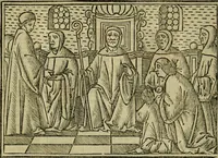 An illustration from Decretu[m] Gratiani : cu glossis dñi Joannis Theutonici prepositi Alberstatensis [et] annotationibus Bartholomei Brixiensis : [cum] diuisionibus Archidiaconi : [cum] Casibus a Bene., cõpositis per Bart. Brixi., correctis [et] pro clariore itellectu pluribus in locis extensis : [cum] concordia ad Bibliam : [cum] tabula marginalium glossularu[m] : [cum tabula] omniu canonu [et] concilio[rum] : [cum] Margarita Decreti : [cum] flosculis totius Decretia domio Joanne diacono compositis : [cum] additione in margine litteraru[m], quo minusculi characteres lineis intercepti, citius legenti appareant (1514)