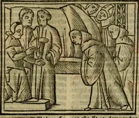 An illustration from Decretu[m] Gratiani : cu glossis dñi Joannis Theutonici prepositi Alberstatensis [et] annotationibus Bartholomei Brixiensis : [cum] diuisionibus Archidiaconi : [cum] Casibus a Bene., cõpositis per Bart. Brixi., correctis [et] pro clariore itellectu pluribus in locis extensis : [cum] concordia ad Bibliam : [cum] tabula marginalium glossularu[m] : [cum tabula] omniu canonu [et] concilio[rum] : [cum] Margarita Decreti : [cum] flosculis totius Decretia domio Joanne diacono compositis : [cum] additione in margine litteraru[m], quo minusculi characteres lineis intercepti, citius legenti appareant (1514)