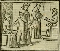 An illustration from Decretu[m] Gratiani : cu glossis dñi Joannis Theutonici prepositi Alberstatensis [et] annotationibus Bartholomei Brixiensis : [cum] diuisionibus Archidiaconi : [cum] Casibus a Bene., cõpositis per Bart. Brixi., correctis [et] pro clariore itellectu pluribus in locis extensis : [cum] concordia ad Bibliam : [cum] tabula marginalium glossularu[m] : [cum tabula] omniu canonu [et] concilio[rum] : [cum] Margarita Decreti : [cum] flosculis totius Decretia domio Joanne diacono compositis : [cum] additione in margine litteraru[m], quo minusculi characteres lineis intercepti, citius legenti appareant (1514)