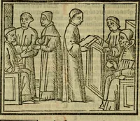 An illustration from Decretu[m] Gratiani : cu glossis dñi Joannis Theutonici prepositi Alberstatensis [et] annotationibus Bartholomei Brixiensis : [cum] diuisionibus Archidiaconi : [cum] Casibus a Bene., cõpositis per Bart. Brixi., correctis [et] pro clariore itellectu pluribus in locis extensis : [cum] concordia ad Bibliam : [cum] tabula marginalium glossularu[m] : [cum tabula] omniu canonu [et] concilio[rum] : [cum] Margarita Decreti : [cum] flosculis totius Decretia domio Joanne diacono compositis : [cum] additione in margine litteraru[m], quo minusculi characteres lineis intercepti, citius legenti appareant (1514)