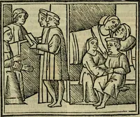 An illustration from Decretu[m] Gratiani : cu glossis dñi Joannis Theutonici prepositi Alberstatensis [et] annotationibus Bartholomei Brixiensis : [cum] diuisionibus Archidiaconi : [cum] Casibus a Bene., cõpositis per Bart. Brixi., correctis [et] pro clariore itellectu pluribus in locis extensis : [cum] concordia ad Bibliam : [cum] tabula marginalium glossularu[m] : [cum tabula] omniu canonu [et] concilio[rum] : [cum] Margarita Decreti : [cum] flosculis totius Decretia domio Joanne diacono compositis : [cum] additione in margine litteraru[m], quo minusculi characteres lineis intercepti, citius legenti appareant (1514)