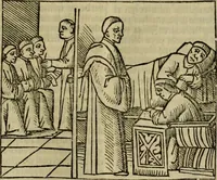 An illustration from Decretu[m] Gratiani : cu glossis dñi Joannis Theutonici prepositi Alberstatensis [et] annotationibus Bartholomei Brixiensis : [cum] diuisionibus Archidiaconi : [cum] Casibus a Bene., cõpositis per Bart. Brixi., correctis [et] pro clariore itellectu pluribus in locis extensis : [cum] concordia ad Bibliam : [cum] tabula marginalium glossularu[m] : [cum tabula] omniu canonu [et] concilio[rum] : [cum] Margarita Decreti : [cum] flosculis totius Decretia domio Joanne diacono compositis : [cum] additione in margine litteraru[m], quo minusculi characteres lineis intercepti, citius legenti appareant (1514)