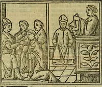 An illustration from Decretu[m] Gratiani : cu glossis dñi Joannis Theutonici prepositi Alberstatensis [et] annotationibus Bartholomei Brixiensis : [cum] diuisionibus Archidiaconi : [cum] Casibus a Bene., cõpositis per Bart. Brixi., correctis [et] pro clariore itellectu pluribus in locis extensis : [cum] concordia ad Bibliam : [cum] tabula marginalium glossularu[m] : [cum tabula] omniu canonu [et] concilio[rum] : [cum] Margarita Decreti : [cum] flosculis totius Decretia domio Joanne diacono compositis : [cum] additione in margine litteraru[m], quo minusculi characteres lineis intercepti, citius legenti appareant (1514)