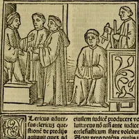 An illustration from Decretu[m] Gratiani : cu glossis dñi Joannis Theutonici prepositi Alberstatensis [et] annotationibus Bartholomei Brixiensis : [cum] diuisionibus Archidiaconi : [cum] Casibus a Bene., cõpositis per Bart. Brixi., correctis [et] pro clariore itellectu pluribus in locis extensis : [cum] concordia ad Bibliam : [cum] tabula marginalium glossularu[m] : [cum tabula] omniu canonu [et] concilio[rum] : [cum] Margarita Decreti : [cum] flosculis totius Decretia domio Joanne diacono compositis : [cum] additione in margine litteraru[m], quo minusculi characteres lineis intercepti, citius legenti appareant (1514)