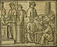 An illustration from Decretu[m] Gratiani : cu glossis dñi Joannis Theutonici prepositi Alberstatensis [et] annotationibus Bartholomei Brixiensis : [cum] diuisionibus Archidiaconi : [cum] Casibus a Bene., cõpositis per Bart. Brixi., correctis [et] pro clariore itellectu pluribus in locis extensis : [cum] concordia ad Bibliam : [cum] tabula marginalium glossularu[m] : [cum tabula] omniu canonu [et] concilio[rum] : [cum] Margarita Decreti : [cum] flosculis totius Decretia domio Joanne diacono compositis : [cum] additione in margine litteraru[m], quo minusculi characteres lineis intercepti, citius legenti appareant (1514)