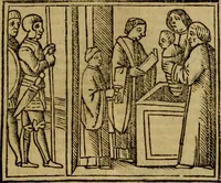 An illustration from Decretu[m] Gratiani : cu glossis dñi Joannis Theutonici prepositi Alberstatensis [et] annotationibus Bartholomei Brixiensis : [cum] diuisionibus Archidiaconi : [cum] Casibus a Bene., cõpositis per Bart. Brixi., correctis [et] pro clariore itellectu pluribus in locis extensis : [cum] concordia ad Bibliam : [cum] tabula marginalium glossularu[m] : [cum tabula] omniu canonu [et] concilio[rum] : [cum] Margarita Decreti : [cum] flosculis totius Decretia domio Joanne diacono compositis : [cum] additione in margine litteraru[m], quo minusculi characteres lineis intercepti, citius legenti appareant (1514)