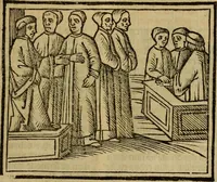 An illustration from Decretu[m] Gratiani : cu glossis dñi Joannis Theutonici prepositi Alberstatensis [et] annotationibus Bartholomei Brixiensis : [cum] diuisionibus Archidiaconi : [cum] Casibus a Bene., cõpositis per Bart. Brixi., correctis [et] pro clariore itellectu pluribus in locis extensis : [cum] concordia ad Bibliam : [cum] tabula marginalium glossularu[m] : [cum tabula] omniu canonu [et] concilio[rum] : [cum] Margarita Decreti : [cum] flosculis totius Decretia domio Joanne diacono compositis : [cum] additione in margine litteraru[m], quo minusculi characteres lineis intercepti, citius legenti appareant (1514)