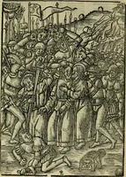 An illustration from Decretu[m] Gratiani : cu glossis dñi Joannis Theutonici prepositi Alberstatensis [et] annotationibus Bartholomei Brixiensis : [cum] diuisionibus Archidiaconi : [cum] Casibus a Bene., cõpositis per Bart. Brixi., correctis [et] pro clariore itellectu pluribus in locis extensis : [cum] concordia ad Bibliam : [cum] tabula marginalium glossularu[m] : [cum tabula] omniu canonu [et] concilio[rum] : [cum] Margarita Decreti : [cum] flosculis totius Decretia domio Joanne diacono compositis : [cum] additione in margine litteraru[m], quo minusculi characteres lineis intercepti, citius legenti appareant (1514)