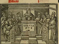 An illustration from Decretu[m] Gratiani : cu glossis dñi Joannis Theutonici prepositi Alberstatensis [et] annotationibus Bartholomei Brixiensis : [cum] diuisionibus Archidiaconi : [cum] Casibus a Bene., cõpositis per Bart. Brixi., correctis [et] pro clariore itellectu pluribus in locis extensis : [cum] concordia ad Bibliam : [cum] tabula marginalium glossularu[m] : [cum tabula] omniu canonu [et] concilio[rum] : [cum] Margarita Decreti : [cum] flosculis totius Decretia domio Joanne diacono compositis : [cum] additione in margine litteraru[m], quo minusculi characteres lineis intercepti, citius legenti appareant (1514)