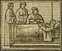 An illustration from Decretu[m] Gratiani : cu glossis dñi Joannis Theutonici prepositi Alberstatensis [et] annotationibus Bartholomei Brixiensis : [cum] diuisionibus Archidiaconi : [cum] Casibus a Bene., cõpositis per Bart. Brixi., correctis [et] pro clariore itellectu pluribus in locis extensis : [cum] concordia ad Bibliam : [cum] tabula marginalium glossularu[m] : [cum tabula] omniu canonu [et] concilio[rum] : [cum] Margarita Decreti : [cum] flosculis totius Decretia domio Joanne diacono compositis : [cum] additione in margine litteraru[m], quo minusculi characteres lineis intercepti, citius legenti appareant (1514)