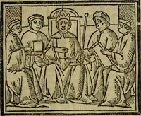 An illustration from Decretu[m] Gratiani : cu glossis dñi Joannis Theutonici prepositi Alberstatensis [et] annotationibus Bartholomei Brixiensis : [cum] diuisionibus Archidiaconi : [cum] Casibus a Bene., cõpositis per Bart. Brixi., correctis [et] pro clariore itellectu pluribus in locis extensis : [cum] concordia ad Bibliam : [cum] tabula marginalium glossularu[m] : [cum tabula] omniu canonu [et] concilio[rum] : [cum] Margarita Decreti : [cum] flosculis totius Decretia domio Joanne diacono compositis : [cum] additione in margine litteraru[m], quo minusculi characteres lineis intercepti, citius legenti appareant (1514)