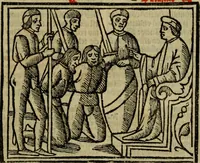 An illustration from Decretu[m] Gratiani : cu glossis dñi Joannis Theutonici prepositi Alberstatensis [et] annotationibus Bartholomei Brixiensis : [cum] diuisionibus Archidiaconi : [cum] Casibus a Bene., cõpositis per Bart. Brixi., correctis [et] pro clariore itellectu pluribus in locis extensis : [cum] concordia ad Bibliam : [cum] tabula marginalium glossularu[m] : [cum tabula] omniu canonu [et] concilio[rum] : [cum] Margarita Decreti : [cum] flosculis totius Decretia domio Joanne diacono compositis : [cum] additione in margine litteraru[m], quo minusculi characteres lineis intercepti, citius legenti appareant (1514)