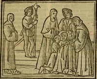 An illustration from Decretu[m] Gratiani : cu glossis dñi Joannis Theutonici prepositi Alberstatensis [et] annotationibus Bartholomei Brixiensis : [cum] diuisionibus Archidiaconi : [cum] Casibus a Bene., cõpositis per Bart. Brixi., correctis [et] pro clariore itellectu pluribus in locis extensis : [cum] concordia ad Bibliam : [cum] tabula marginalium glossularu[m] : [cum tabula] omniu canonu [et] concilio[rum] : [cum] Margarita Decreti : [cum] flosculis totius Decretia domio Joanne diacono compositis : [cum] additione in margine litteraru[m], quo minusculi characteres lineis intercepti, citius legenti appareant (1514)
