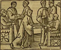 An illustration from Decretu[m] Gratiani : cu glossis dñi Joannis Theutonici prepositi Alberstatensis [et] annotationibus Bartholomei Brixiensis : [cum] diuisionibus Archidiaconi : [cum] Casibus a Bene., cõpositis per Bart. Brixi., correctis [et] pro clariore itellectu pluribus in locis extensis : [cum] concordia ad Bibliam : [cum] tabula marginalium glossularu[m] : [cum tabula] omniu canonu [et] concilio[rum] : [cum] Margarita Decreti : [cum] flosculis totius Decretia domio Joanne diacono compositis : [cum] additione in margine litteraru[m], quo minusculi characteres lineis intercepti, citius legenti appareant (1514)