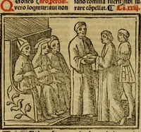 An illustration from Decretu[m] Gratiani : cu glossis dñi Joannis Theutonici prepositi Alberstatensis [et] annotationibus Bartholomei Brixiensis : [cum] diuisionibus Archidiaconi : [cum] Casibus a Bene., cõpositis per Bart. Brixi., correctis [et] pro clariore itellectu pluribus in locis extensis : [cum] concordia ad Bibliam : [cum] tabula marginalium glossularu[m] : [cum tabula] omniu canonu [et] concilio[rum] : [cum] Margarita Decreti : [cum] flosculis totius Decretia domio Joanne diacono compositis : [cum] additione in margine litteraru[m], quo minusculi characteres lineis intercepti, citius legenti appareant (1514)