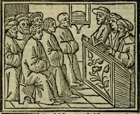 An illustration from Decretu[m] Gratiani : cu glossis dñi Joannis Theutonici prepositi Alberstatensis [et] annotationibus Bartholomei Brixiensis : [cum] diuisionibus Archidiaconi : [cum] Casibus a Bene., cõpositis per Bart. Brixi., correctis [et] pro clariore itellectu pluribus in locis extensis : [cum] concordia ad Bibliam : [cum] tabula marginalium glossularu[m] : [cum tabula] omniu canonu [et] concilio[rum] : [cum] Margarita Decreti : [cum] flosculis totius Decretia domio Joanne diacono compositis : [cum] additione in margine litteraru[m], quo minusculi characteres lineis intercepti, citius legenti appareant (1514)