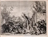 An illustration from De fransche tyrannie, dat is, Oprecht en waerachtig verhael van de grouwelijke wreetheden tot bodegraven, swammerdam en elders door de franssen gepleegt : benevens de laste toght van't heir des koninks van Vrankrijk in Brabant en Vlaenderen, met bygevoegde autentijke stukken : getrouwelijk, naer't origineel, uit het Frans vertaelt : en vermeerdert met'et gepasseerde op de dorpen van nichtvecht, waverveen en abkoude : met schoone kopere platen verçiert (1674)