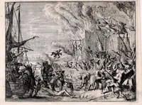 An illustration from De fransche tyrannie, dat is, Oprecht en waerachtig verhael van de grouwelijke wreetheden tot bodegraven, swammerdam en elders door de franssen gepleegt : benevens de laste toght van't heir des koninks van Vrankrijk in Brabant en Vlaenderen, met bygevoegde autentijke stukken : getrouwelijk, naer't origineel, uit het Frans vertaelt : en vermeerdert met'et gepasseerde op de dorpen van nichtvecht, waverveen en abkoude : met schoone kopere platen verçiert (1674)