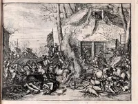 An illustration from De fransche tyrannie, dat is, Oprecht en waerachtig verhael van de grouwelijke wreetheden tot bodegraven, swammerdam en elders door de franssen gepleegt : benevens de laste toght van't heir des koninks van Vrankrijk in Brabant en Vlaenderen, met bygevoegde autentijke stukken : getrouwelijk, naer't origineel, uit het Frans vertaelt : en vermeerdert met'et gepasseerde op de dorpen van nichtvecht, waverveen en abkoude : met schoone kopere platen verçiert (1674)