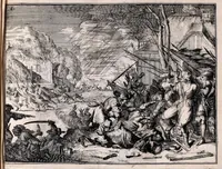 An illustration from De fransche tyrannie, dat is, Oprecht en waerachtig verhael van de grouwelijke wreetheden tot bodegraven, swammerdam en elders door de franssen gepleegt : benevens de laste toght van't heir des koninks van Vrankrijk in Brabant en Vlaenderen, met bygevoegde autentijke stukken : getrouwelijk, naer't origineel, uit het Frans vertaelt : en vermeerdert met'et gepasseerde op de dorpen van nichtvecht, waverveen en abkoude : met schoone kopere platen verçiert (1674)
