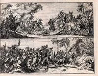 An illustration from De fransche tyrannie, dat is, Oprecht en waerachtig verhael van de grouwelijke wreetheden tot bodegraven, swammerdam en elders door de franssen gepleegt : benevens de laste toght van't heir des koninks van Vrankrijk in Brabant en Vlaenderen, met bygevoegde autentijke stukken : getrouwelijk, naer't origineel, uit het Frans vertaelt : en vermeerdert met'et gepasseerde op de dorpen van nichtvecht, waverveen en abkoude : met schoone kopere platen verçiert (1674)