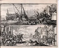 An illustration from De fransche tyrannie, dat is, Oprecht en waerachtig verhael van de grouwelijke wreetheden tot bodegraven, swammerdam en elders door de franssen gepleegt : benevens de laste toght van't heir des koninks van Vrankrijk in Brabant en Vlaenderen, met bygevoegde autentijke stukken : getrouwelijk, naer't origineel, uit het Frans vertaelt : en vermeerdert met'et gepasseerde op de dorpen van nichtvecht, waverveen en abkoude : met schoone kopere platen verçiert (1674)