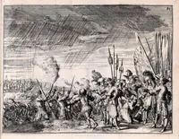 An illustration from De fransche tyrannie, dat is, Oprecht en waerachtig verhael van de grouwelijke wreetheden tot bodegraven, swammerdam en elders door de franssen gepleegt : benevens de laste toght van't heir des koninks van Vrankrijk in Brabant en Vlaenderen, met bygevoegde autentijke stukken : getrouwelijk, naer't origineel, uit het Frans vertaelt : en vermeerdert met'et gepasseerde op de dorpen van nichtvecht, waverveen en abkoude : met schoone kopere platen verçiert (1674)