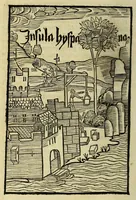An illustration from De insulis inuentis : Epistola Cristoferi Colom (cui [a]etas nostra multu[m] debet: de insulis in mari Indico nup[er] inue[n]tis. Ad quas perquirendas octauo antea mense: auspicijs et [a]ere inuictissimi Fernandi Hispaniarum Regis missus fuerat) ad magnificum d[omi]n[u]m Raphaelez Sanxis ... missa.