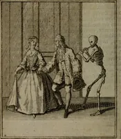 An illustration from De kapelle der dooden, of de algemeene dooden-spiegel. In welken alle menschen, van wat staat of rang zy zyn mogen, zich tot hun nut konnen beschouwen; om indagtig te zyn het memento mori, of gedenkt to sterven .. (1741)