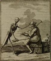 An illustration from De kapelle der dooden, of de algemeene dooden-spiegel. In welken alle menschen, van wat staat of rang zy zyn mogen, zich tot hun nut konnen beschouwen; om indagtig te zyn het memento mori, of gedenkt to sterven .. (1741)